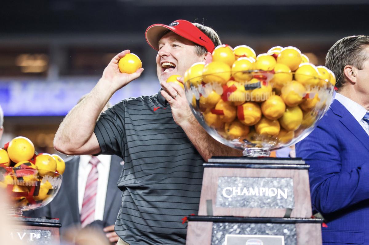 Georgia head coach Kirby Smart during the College Football Playoff semifinal game at the Capital Orange Bowl against Michigan at Hard Rock Stadium in Miami Gardens, Fla., on Friday, Dec. 31, 2021. (Photo by Tony Walsh)